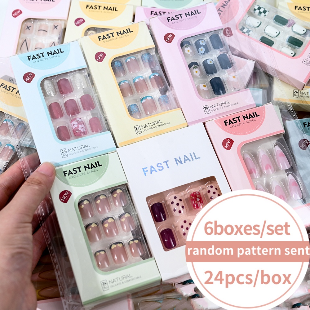 Nail Art Press On - 6 pudełek/zestaw Krótkie Kwadratowe Sztuczne Paznokcie